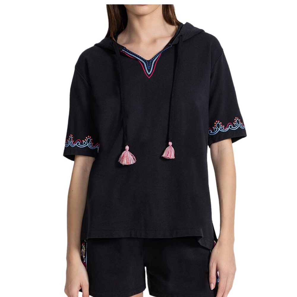 Johnny Was Black Floral Embroidered Notched Neck Pullover Hoodie Size Small - Picture 2 of 7